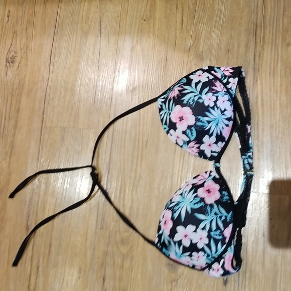 Tie Neck and slide clasp back push up blue white pink floral swim top EUC szXL - Picture 1 of 5